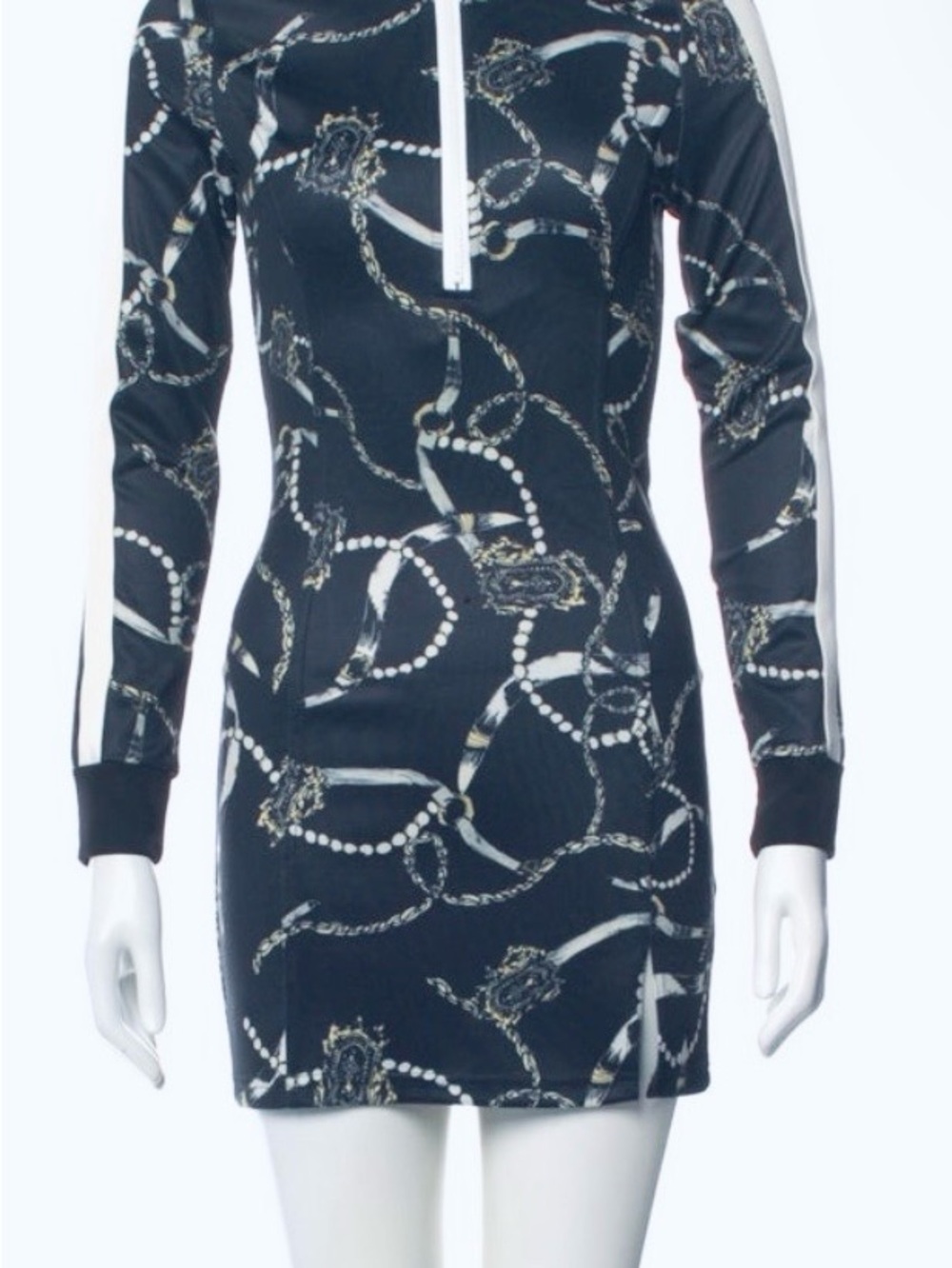 Long-Sleeve Chain Print Mini Dress in Black
